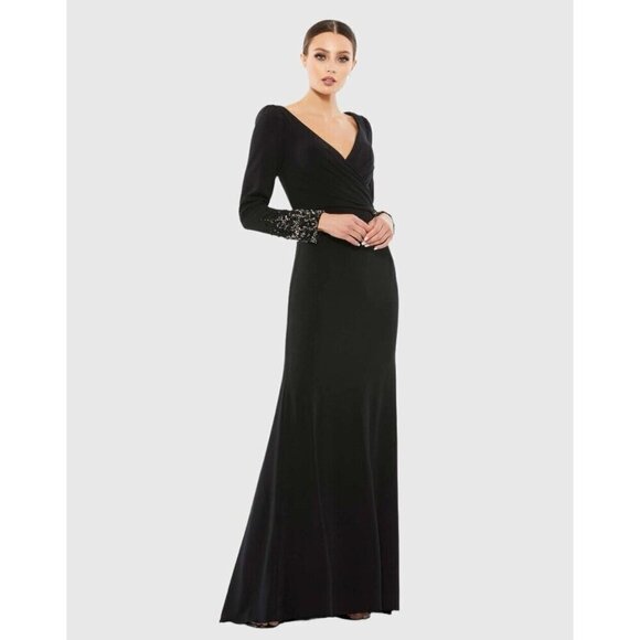 Mac Duggal Size 18 Black 55712 Beaded Cuff Long Sleeve Wrap Trumpet Gown Dress - Picture 1 of 13